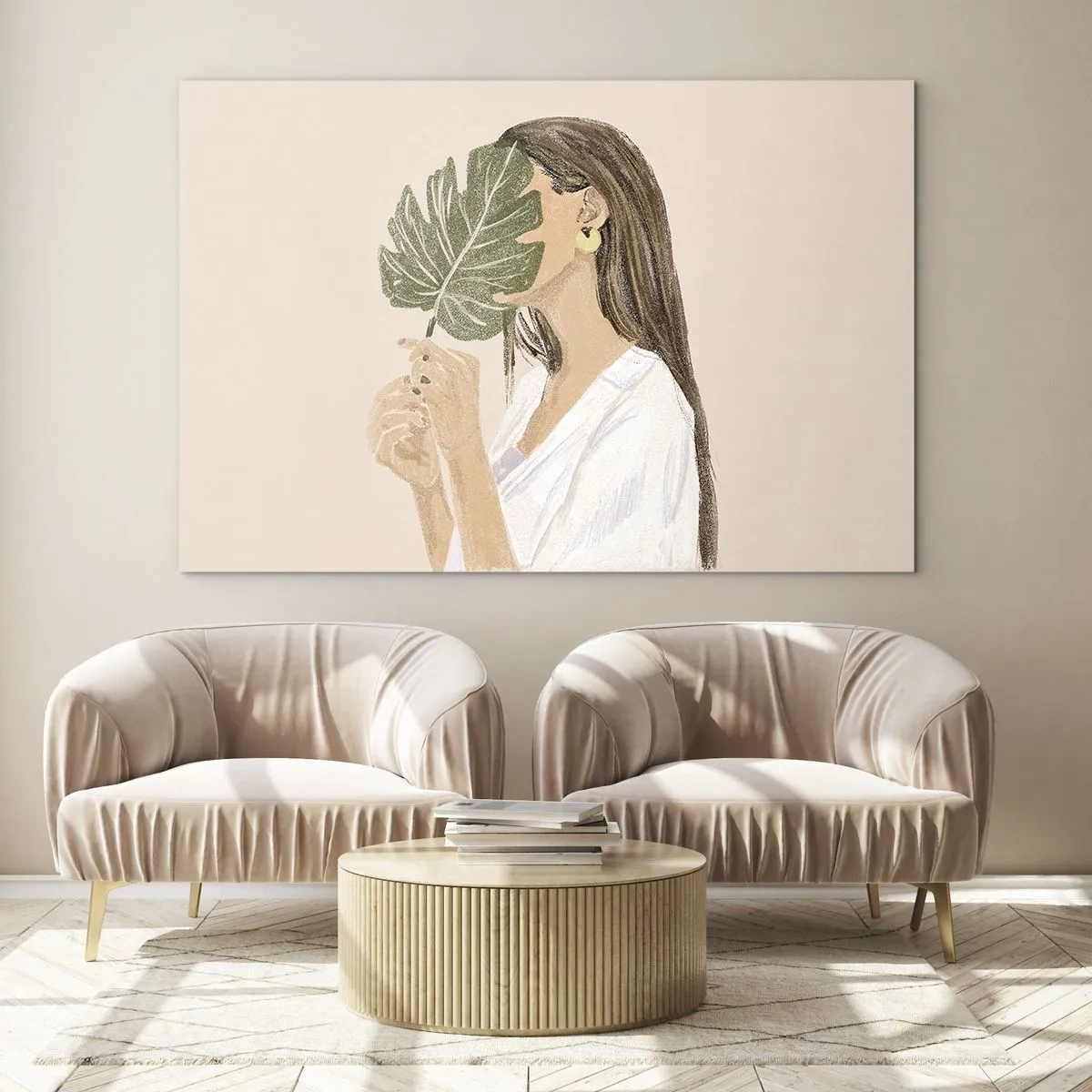 Obraz na skle - Žena s dlhými vlasmi drží list pred tvárou. - 70x50cm - Tajomný portrét s vejárom - Moderná nástenná dekorácia do obývacej izby a spálne ARTTOR