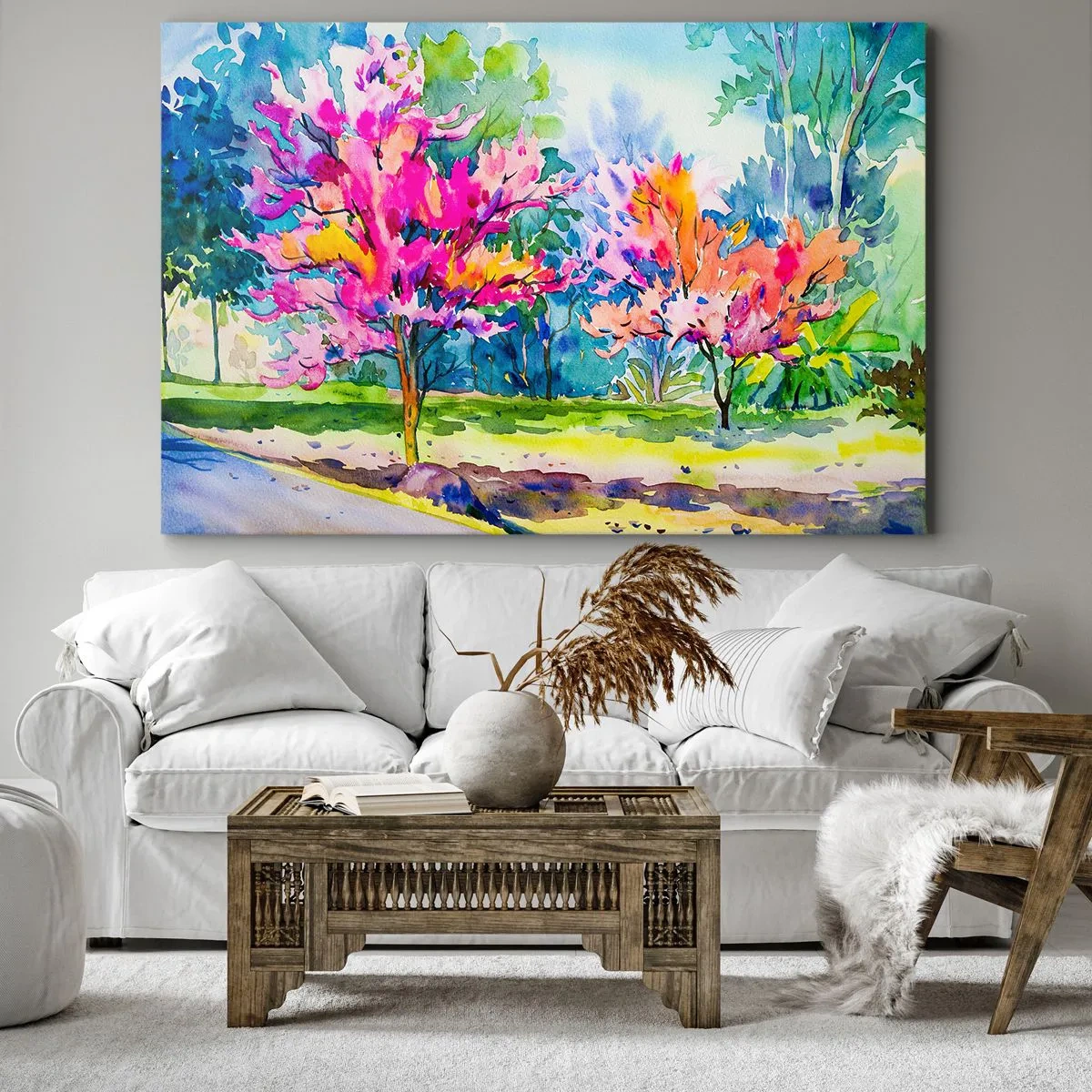 Obraz na plátne - Farebné stromy v parku v akvarelovom štýle - 70x50cm - Dúhová záhrada v jarnom lesku - Moderná nástenná dekorácia do obývacej izby a spálne ARTTOR
