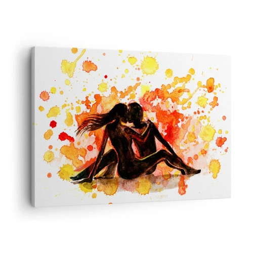 Obraz na plátne - Romantický akvarelový obraz dvoch ľudí v teplých farbách. - 70x50cm - A bolo svetlo - Moderná nástenná dekorácia do obývacej izby a spálne ARTTOR