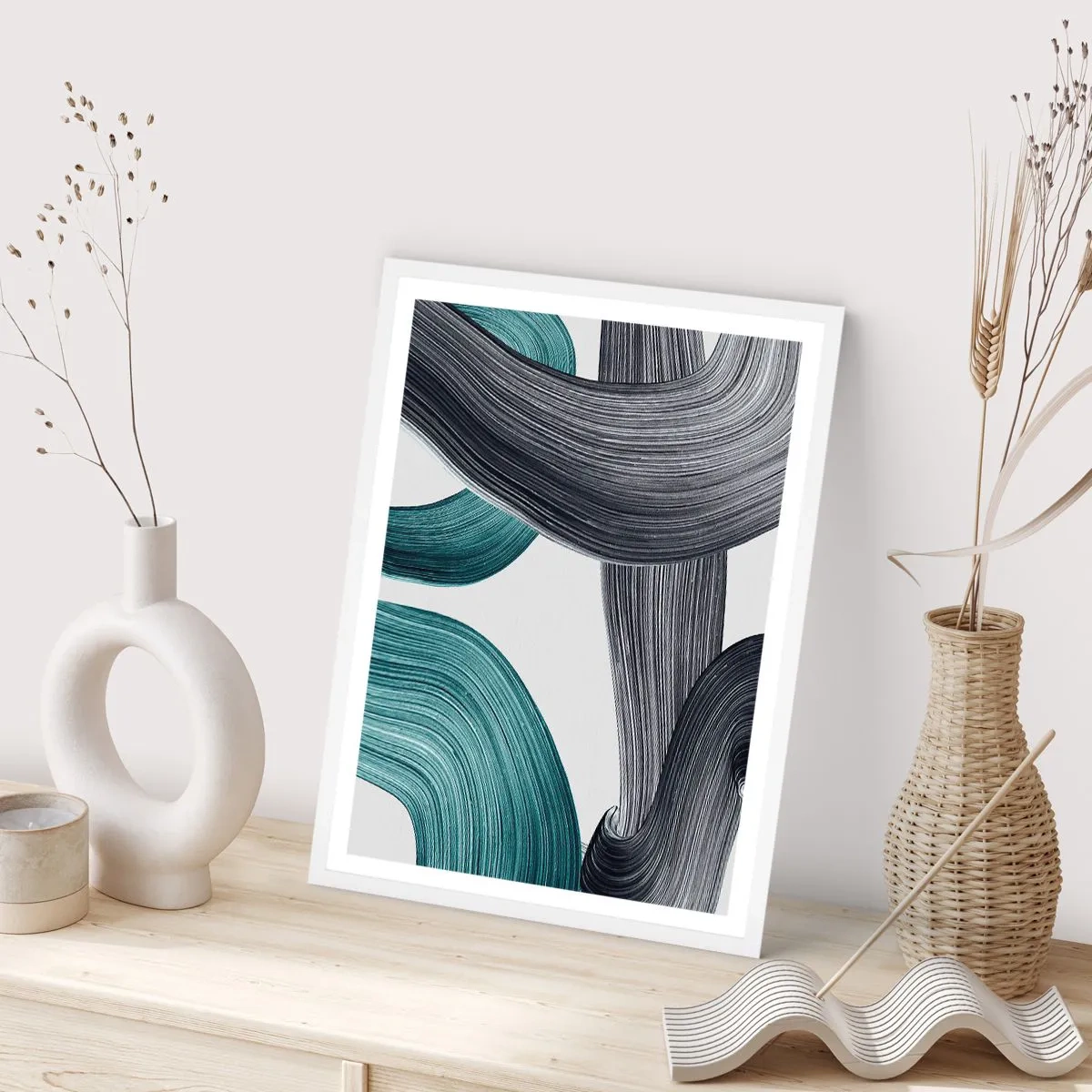 Plagát v bielom ráme - Smaragdové a čierne vlny - 70x100 cm