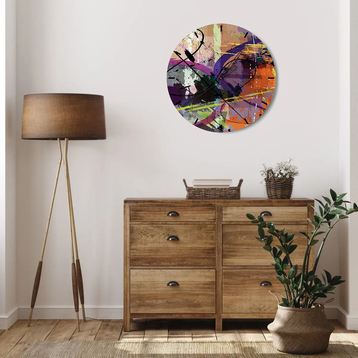 Nástenné hodiny - Farebné abstraktné čiary a škvrny v modernom štýle - 30x30cm - Možno priamo alebo okolo - Moderná nástenná dekorácia do obývacej izby, kuchyne a spálne ARTTOR