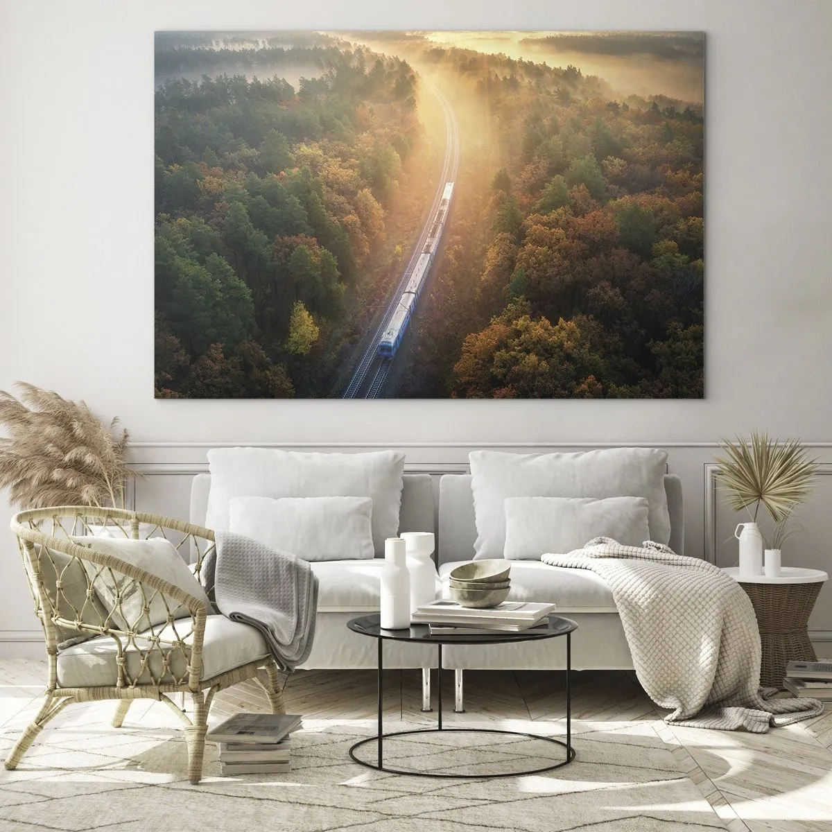 Obraz na skle - Vlak v malebnej jesennej scenérii, plný tepla a nostalgie - 70x50cm - Jesenná cesta - Moderná nástenná dekorácia do obývacej izby a spálne ARTTOR
