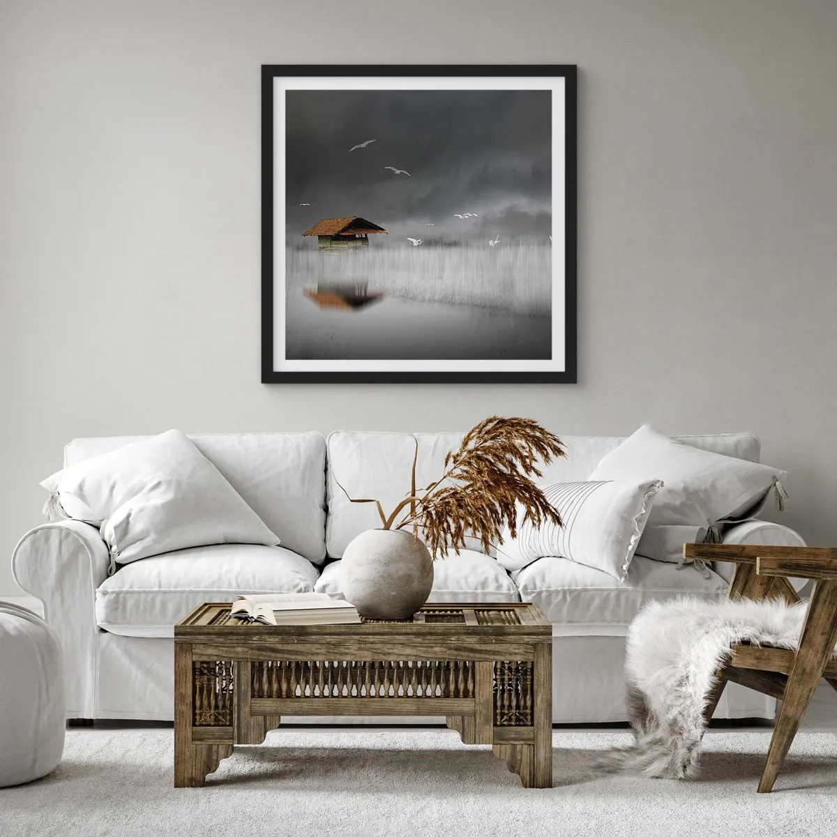 Plagát v čiernom ráme - Úkryt pred dažďom - 60x60 cm