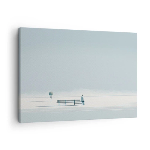 Obraz na plátne - Osoba sediaca na lavičke v minimalistickej krajine - 70x50cm - Áno, čakám. - Moderná nástenná dekorácia do obývacej izby a spálne ARTTOR