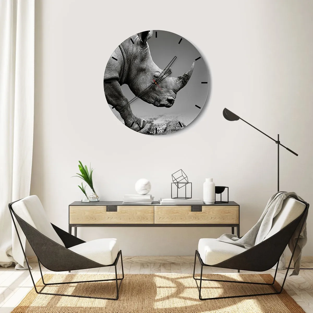 Nástenné hodiny - Nosorožec v čiernobielom štýle na neutrálnom pozadí - 30x30cm - Nezastaviteľná sila - Moderná nástenná dekorácia do obývacej izby, kuchyne a spálne ARTTOR