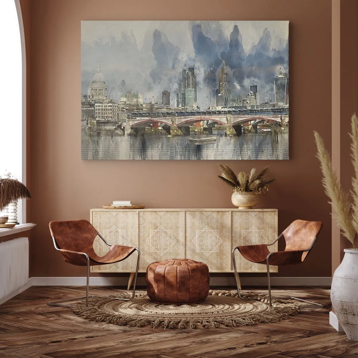Obraz na plátne - Akvarelový pohľad na most a panorámu mesta - 70x50cm - Londýn v celej svojej kráse - Moderná nástenná dekorácia do obývacej izby a spálne ARTTOR