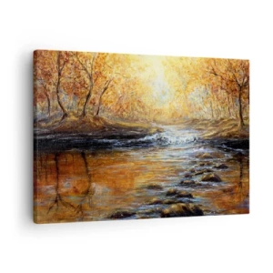 Obraz na plátne - Jesenná krajina s riekou medzi stromami - 70x50cm - Zlatý potok - Moderná nástenná dekorácia do obývacej izby a spálne ARTTOR