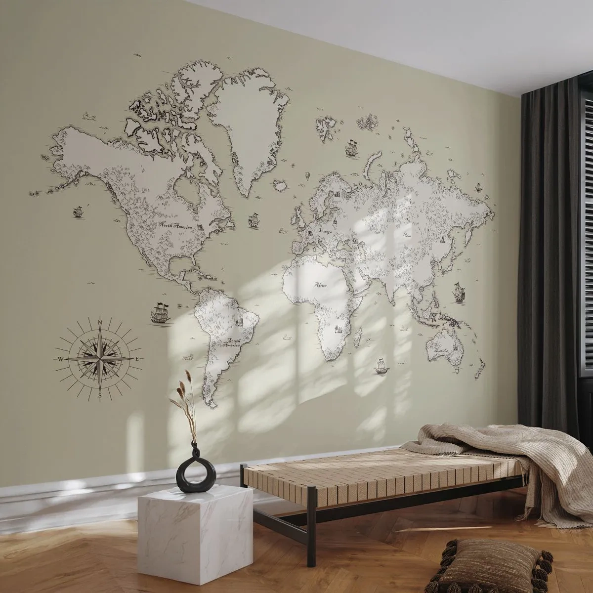 Fototapeta Premium Canvas - Cesta okolo sveta - Mapa sveta, kontinentov, Pirátska loď - 250x175 cm