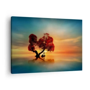 Obraz na plátne - Červenolistý strom a loďka na vode pri západe slnka - 70x50cm - Voda a ticho vesmíru - Moderná nástenná dekorácia do obývacej izby a spálne ARTTOR