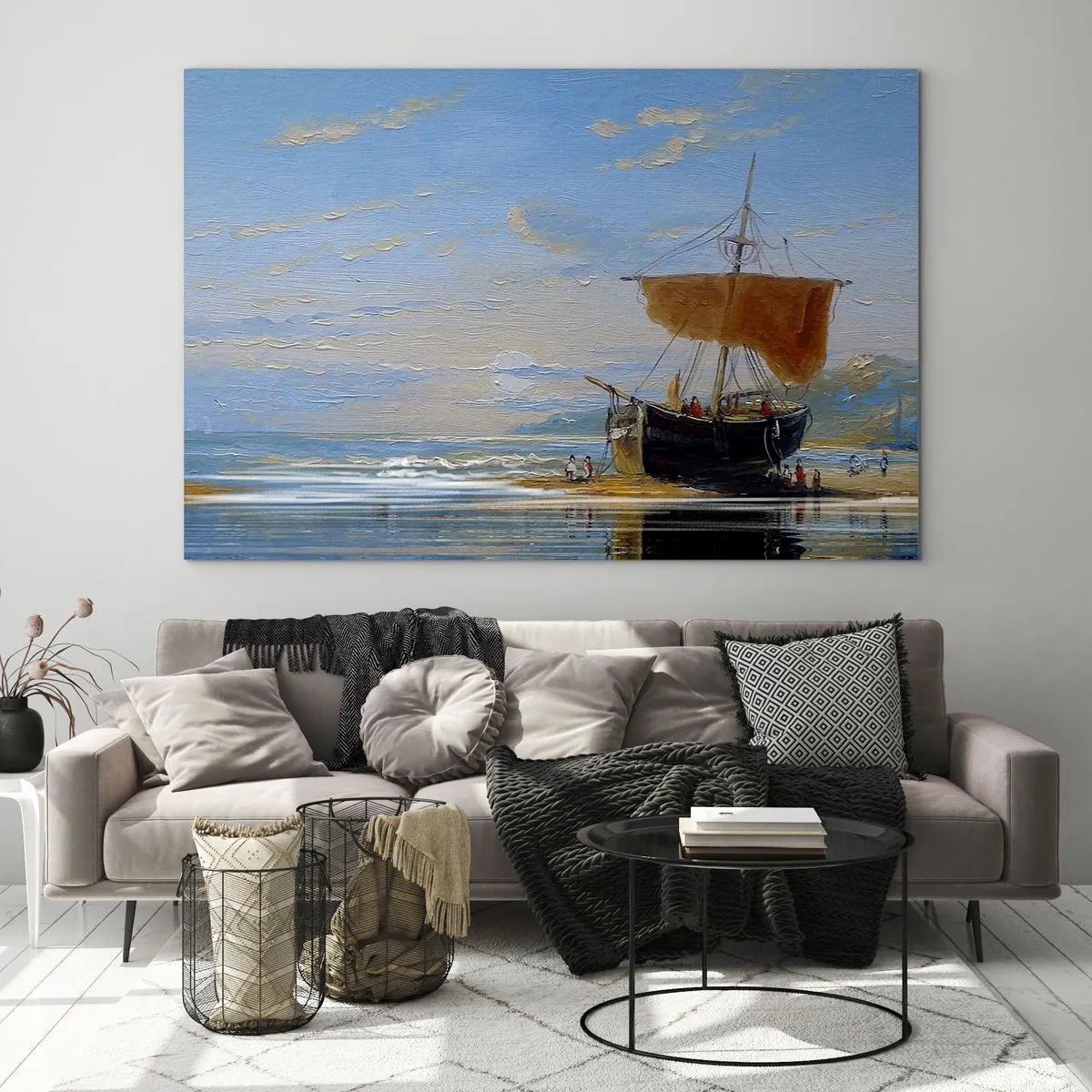 Obraz na skle - Loď s plachtou pri brehu v maliarskom štýle - 70x50cm - Voda, zem, vzduch - Moderná nástenná dekorácia do obývacej izby a spálne ARTTOR