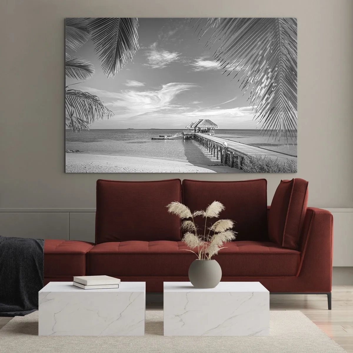Obraz na skle - Čiernobiela snímka tropickej pláže s mólom - 70x50cm - Spomienka alebo sen? - Moderná nástenná dekorácia do obývacej izby a spálne ARTTOR