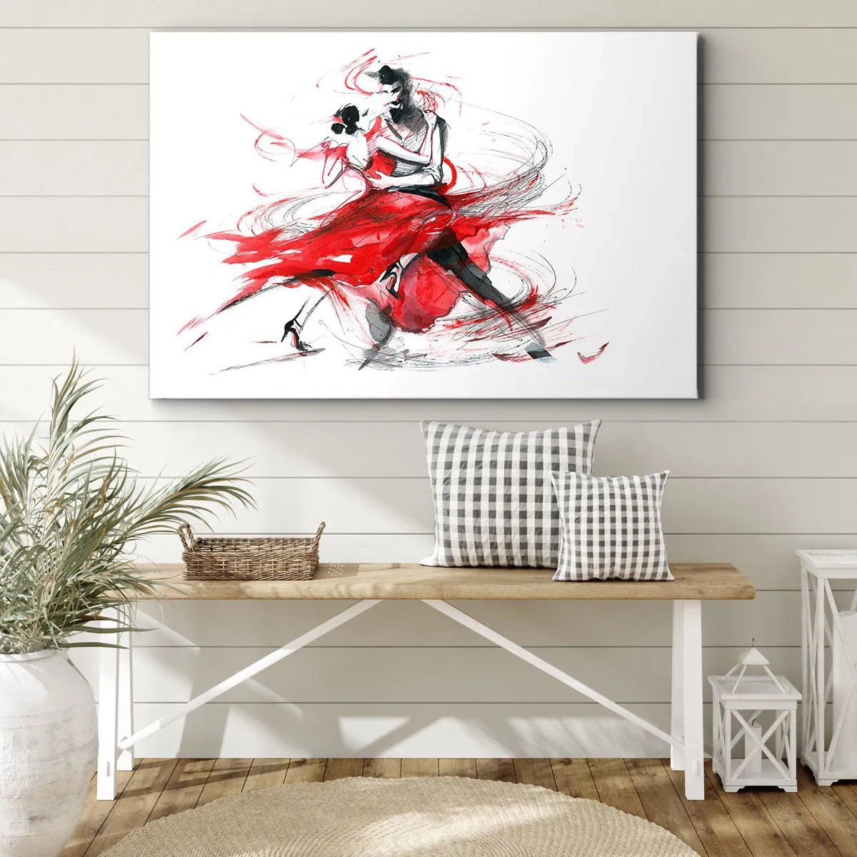 Obraz na plátne - Tanečníci v dynamickom tanci s červenými akcentmi - 70x50cm - Tango - rytmus náruživosťou - Moderná nástenná dekorácia do obývacej izby a spálne ARTTOR