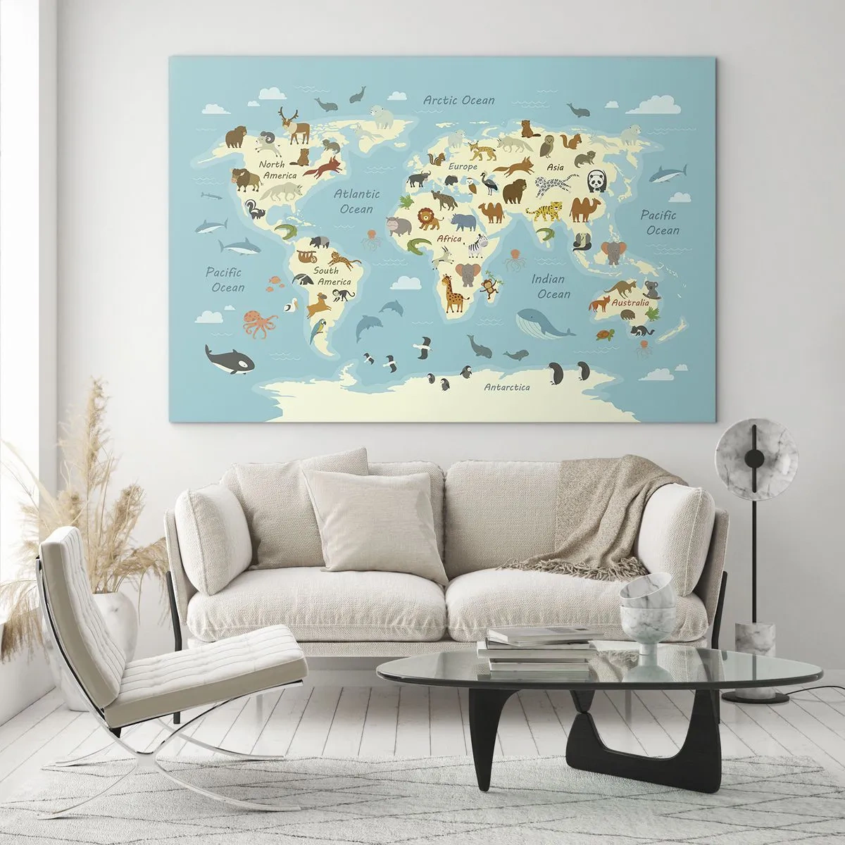 Obraz na skle - Farebná mapa sveta s ilustráciami zvierat z rôznych kontinentov. - 70x50cm - Dobrí susedia - Moderná nástenná dekorácia do obývacej izby a spálne ARTTOR