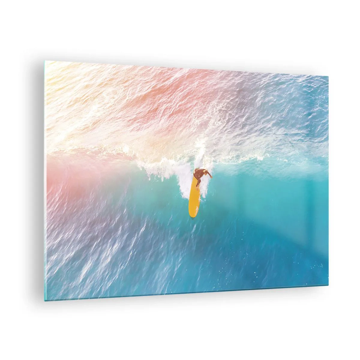 Obraz na skle - Surfer jazdiaci na vlne v tyrkysovom oceáne - 70x50cm - Oceanický jazdec - Moderná nástenná dekorácia do obývacej izby a spálne ARTTOR