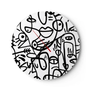 Nástenné hodiny - Abstraktné linkové umenie tvárí na bielom pozadí - 30x30cm - Tváre a preludy - Moderná nástenná dekorácia do obývacej izby, kuchyne a spálne ARTTOR