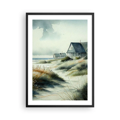 Plagát v čiernom ráme - Akvarelový plážový dom s výhľadom na more - 50x70cm - Ďaleko od zhonu - Moderná nástenná dekorácia do obývacej izby a spálne ARTTOR