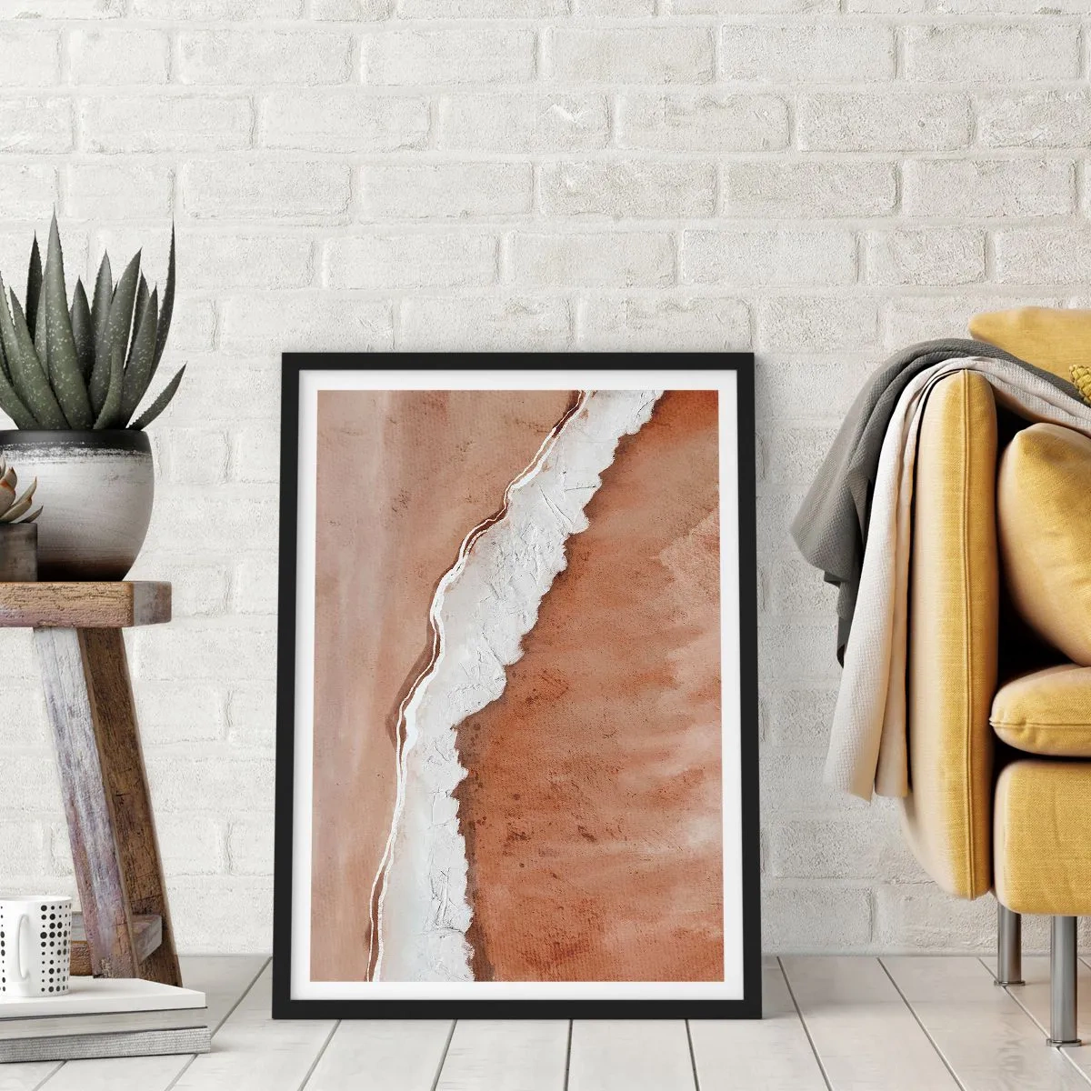 Plagát v čiernom ráme - Abstraktná textúra v odtieňoch hnedej a bielej - 50x70cm - V zemitých farbách - Moderná nástenná dekorácia do obývacej izby a spálne ARTTOR