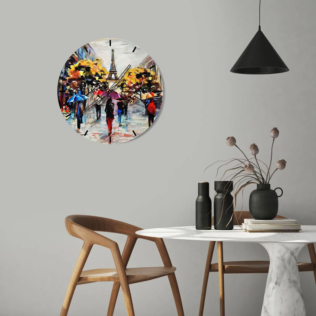Nástenné hodiny - Eiffelova veža s jesennými stromami a dáždnikmi na ulici - 30x30cm - Na jeseň obzvlášť krásny - Moderná nástenná dekorácia do obývacej izby, kuchyne a spálne ARTTOR