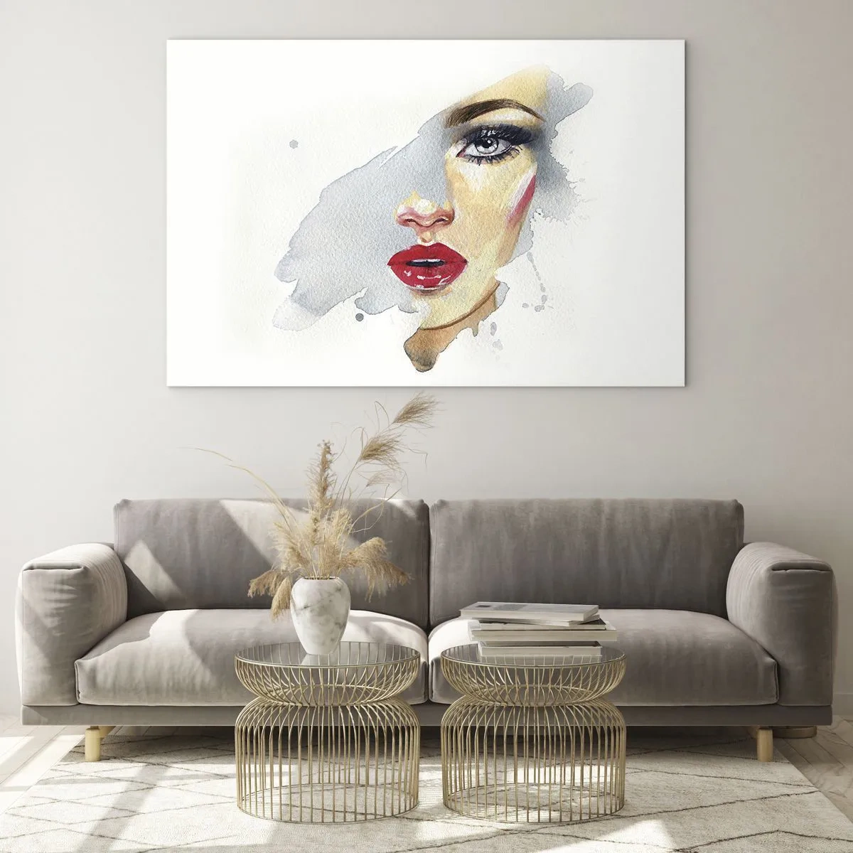 Obraz na skle - Akvarelová portrét ženy s červenými perami - 70x50cm - Odraz v kvapke vody - Moderná nástenná dekorácia do obývacej izby a spálne ARTTOR