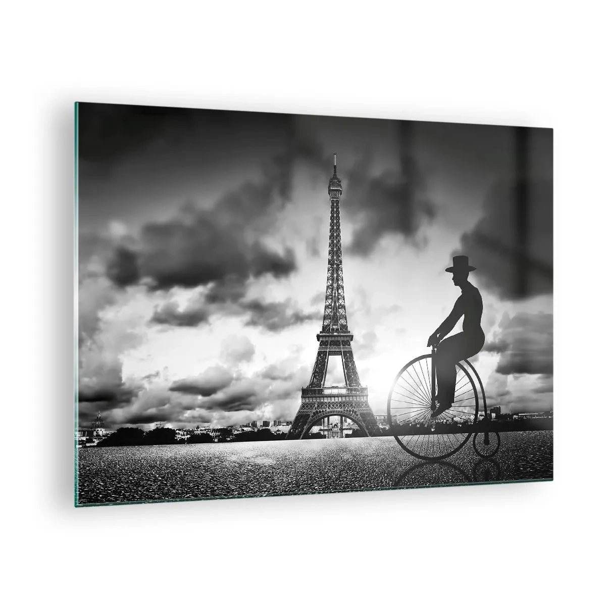 Obraz na skle - Eiffelova veža s retro bicyklom v čiernobielej farbe - 70x50cm - Túžba po Belle Epoque - Moderná nástenná dekorácia do obývacej izby a spálne ARTTOR