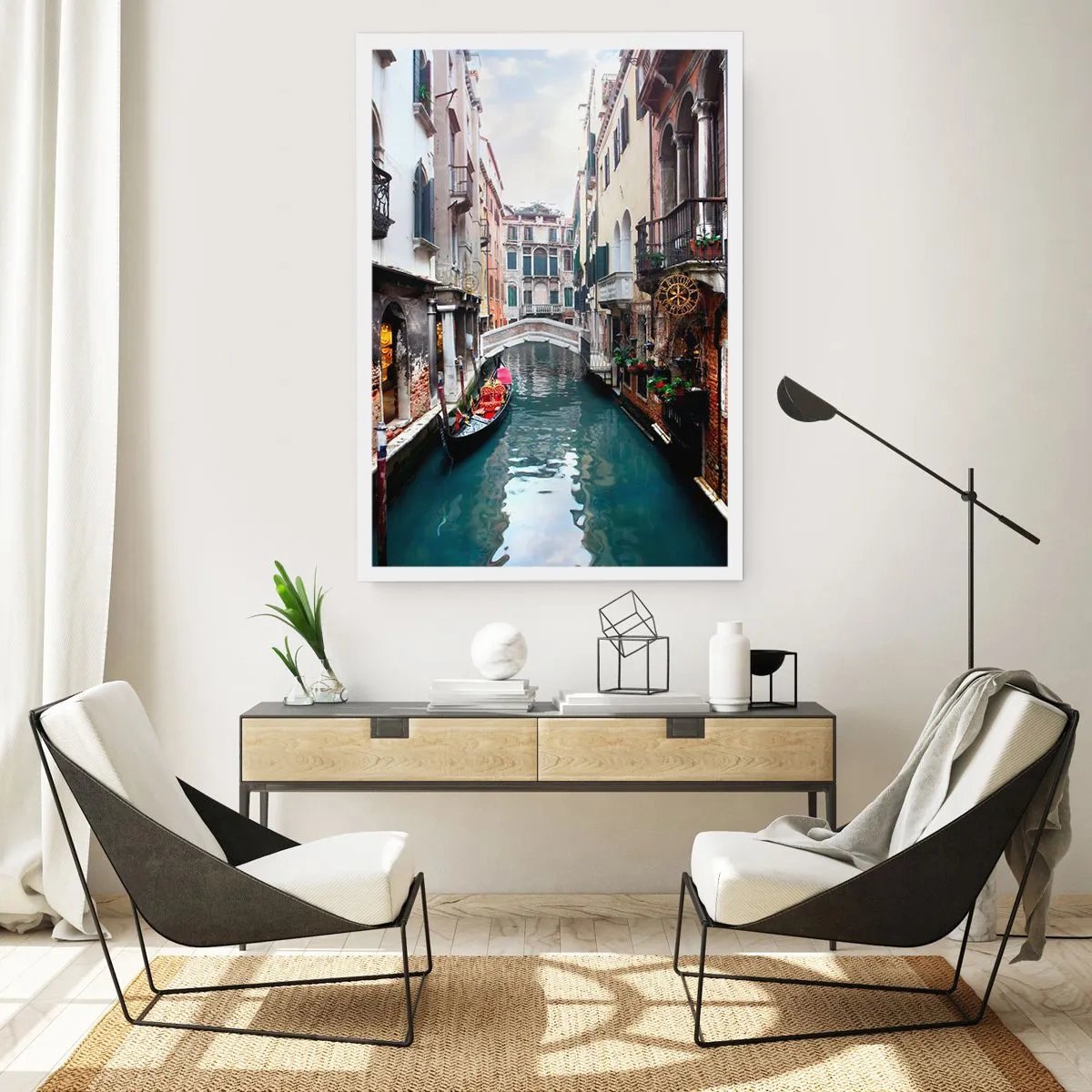 Plagát - Benátska krajina s gondolou a mostíkom - 61x91 cm
