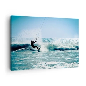 Obraz na plátne - Kitesurfer jazdiaci na vlne na plnom slnku - 70x50cm - Nechajte sa uniesť - Moderná nástenná dekorácia do obývacej izby a spálne ARTTOR