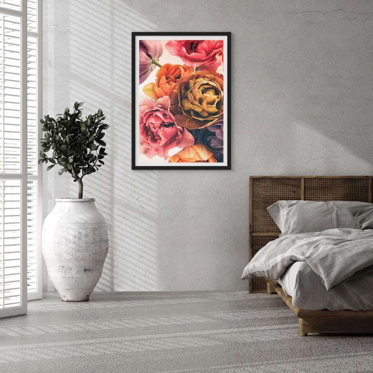 Plagát v čiernom ráme - Farebné kvety pivoniek v umeleckom prístupe - 50x70cm - Oslava života - Moderná nástenná dekorácia do obývacej izby a spálne ARTTOR