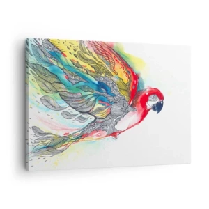 Obraz na plátne - Farebný papagáj za letu s abstraktnými vzormi na krídlach. - 70x50cm - Ži farebne - Moderná nástenná dekorácia do obývacej izby a spálne ARTTOR