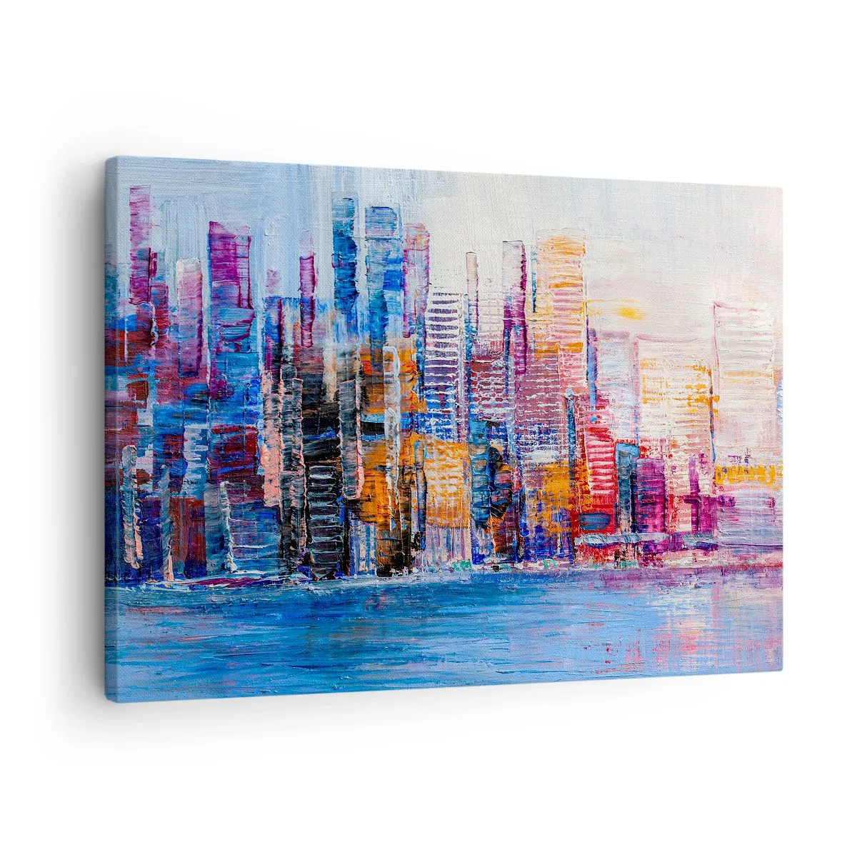 Obraz na plátne - Farebná panoráma mesta s odrazmi na vode - 70x50cm - Radostná metropola - Moderná nástenná dekorácia do obývacej izby a spálne ARTTOR