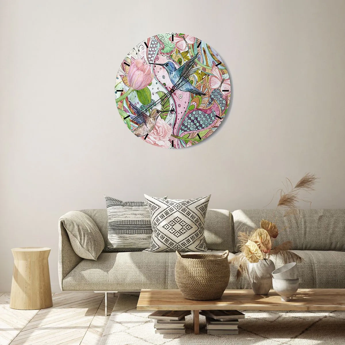 Nástenné hodiny - Farebné kolibríky a kvety na pozadí umeleckých vzorov - 30x30cm - Zamotané do lián - Moderná nástenná dekorácia do obývacej izby, kuchyne a spálne ARTTOR