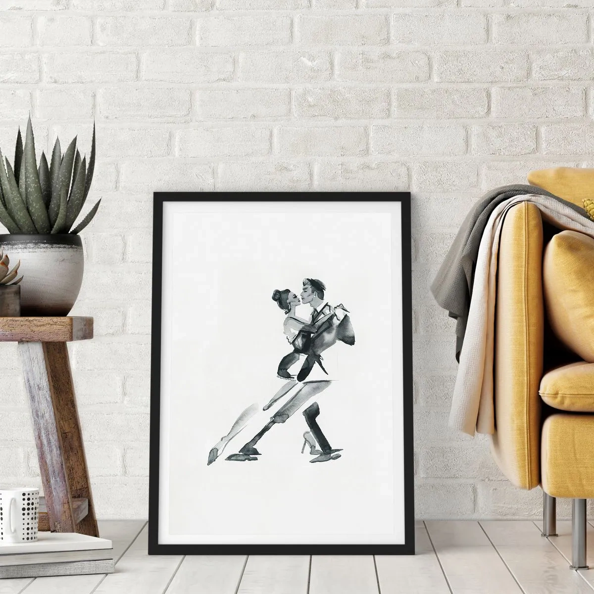 Plagát v čiernom ráme - Čiernobiela akvarelová maľba tancujúceho páru - 50x70cm - V jednom rytme - Moderná nástenná dekorácia do obývacej izby a spálne ARTTOR