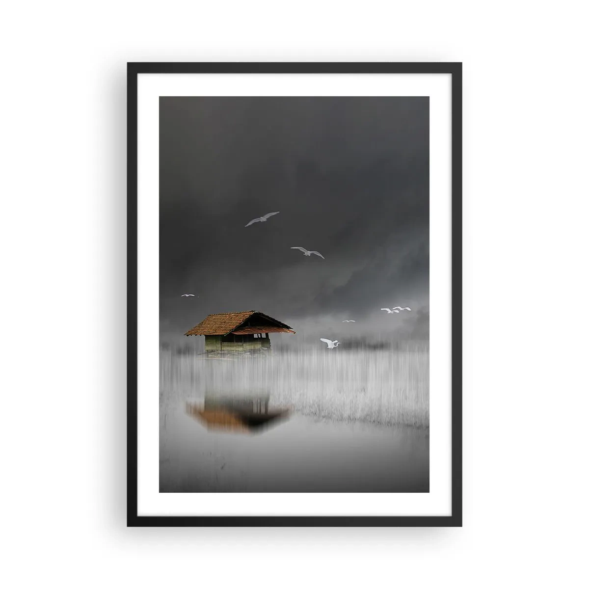 Plagát v čiernom ráme - Hausbót obklopený hmlou s vtákmi na tmavom pozadí - 50x70cm - Úkryt pred dažďom - Moderná nástenná dekorácia do obývacej izby a spálne ARTTOR