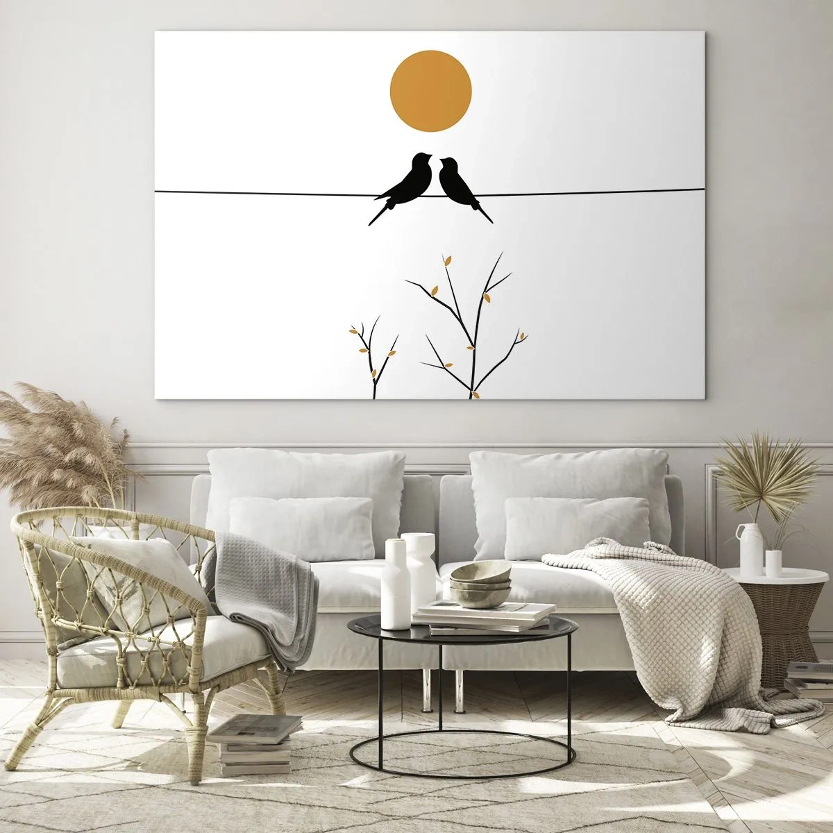 Obraz na skle - Vtáky na čiare pod oranžovým slnkom - 70x50cm - Slávičí večer - Moderná nástenná dekorácia do obývacej izby a spálne ARTTOR