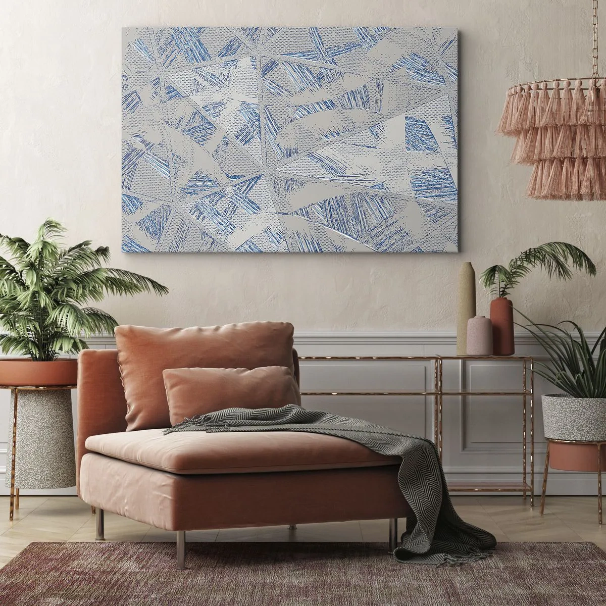 Obraz na plátne - Geometrické vzory v odtieňoch modrej a sivej - 70x50cm - V šedo-modrom labyrinte - Moderná nástenná dekorácia do obývacej izby a spálne ARTTOR