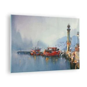 Obraz na skle - Prístav s červenými loďami, majákom a vtákmi na pozadí hôr - 70x50cm - Na konci sveta - Moderná nástenná dekorácia do obývacej izby a spálne ARTTOR
