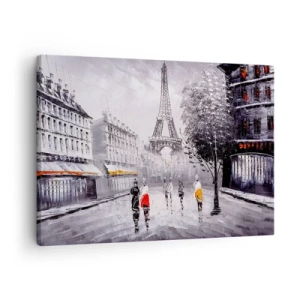 Obraz na plátne - Pohľad na Eiffelovu vežu v monochromatickom prostredí s farebnými akcentmi - 70x50cm - Parížska prechádzka - Moderná nástenná dekorácia do obývacej izby a spálne ARTTOR
