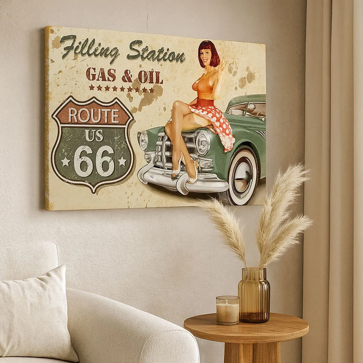 Obraz na plátne - Retro plagát Route 66 s pin-up dievčaťom a autom - 70x50cm - Skvelé 40. roky - Moderná nástenná dekorácia do obývacej izby a spálne ARTTOR