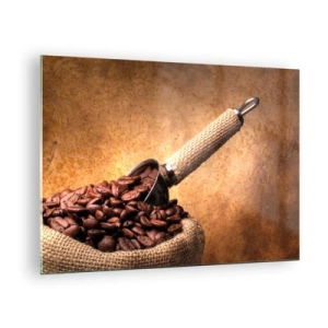 Obraz na skle - Kávové zrná v jutovom vrecku s kovovou odmerkou - 70x50cm - Pri zdroji chuti - Moderná nástenná dekorácia do obývacej izby a spálne ARTTOR