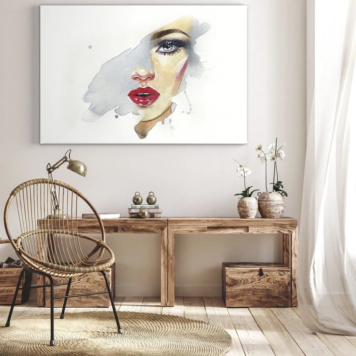 Obraz na plátne - Akvarelová portrét ženy s intenzívnym pohľadom. - 70x50cm - Odraz v kvapke vody - Moderná nástenná dekorácia do obývacej izby a spálne ARTTOR