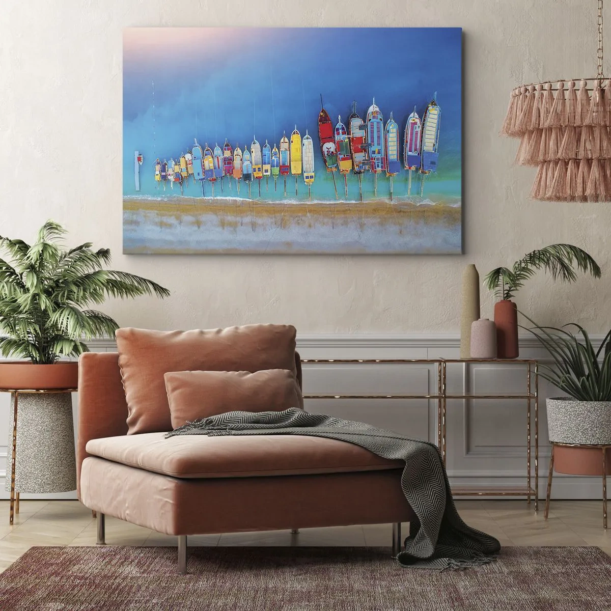 Obraz na plátne - Farebné lode zoradené v rade na brehu - 70x50cm - Z vtáčej perspektívy - Moderná nástenná dekorácia do obývacej izby a spálne ARTTOR