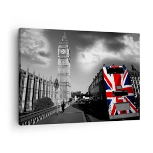 Obraz na plátne - Big Ben a autobus s britskou vlajkou na čiernobielom pozadí - 70x50cm - Hrdá a veľká - Moderná nástenná dekorácia do obývacej izby a spálne ARTTOR