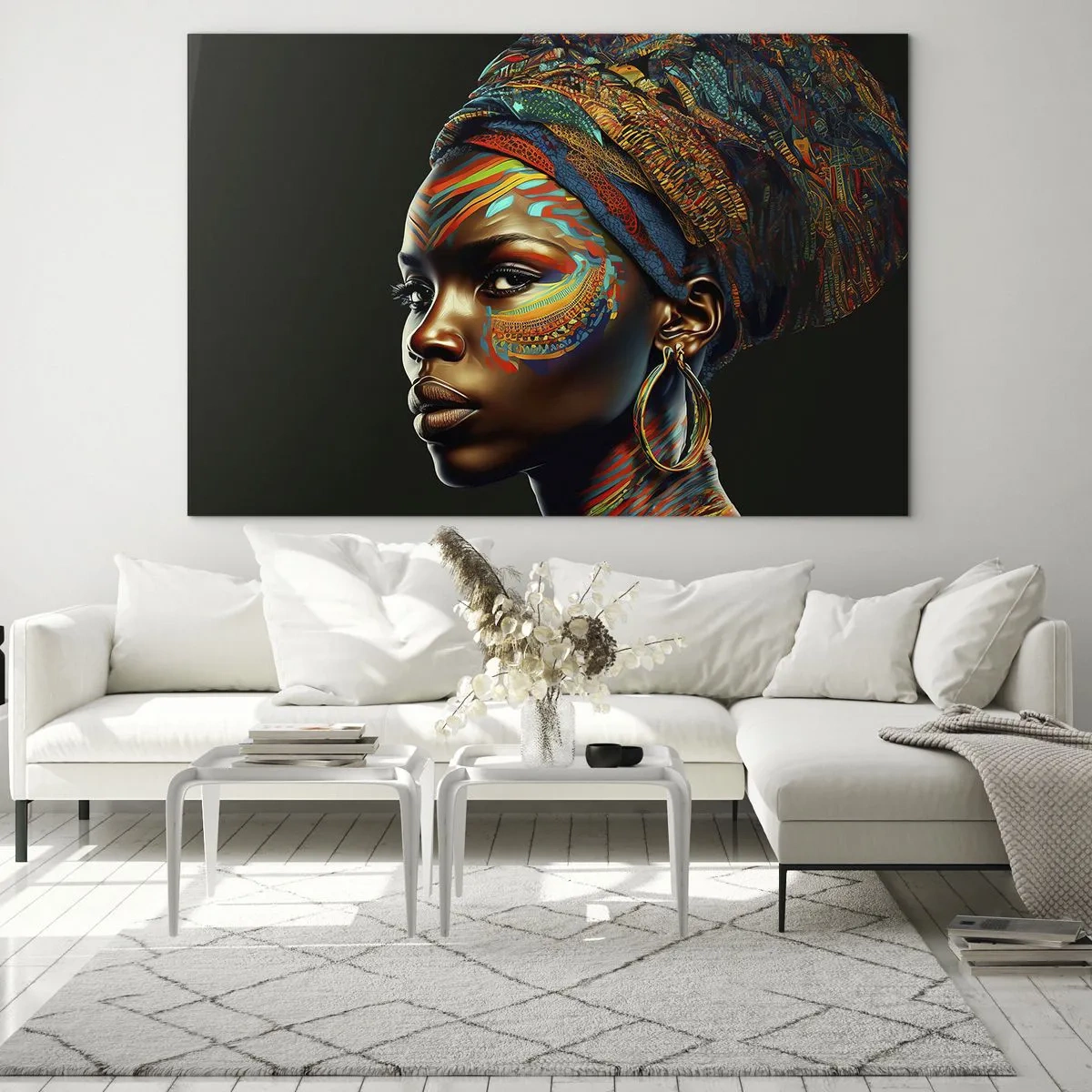 Obraz na skle - Portrét ženy s farebnou maľbou a turbanom - 70x50cm - Africká kráľovná - Moderná nástenná dekorácia do obývacej izby a spálne ARTTOR