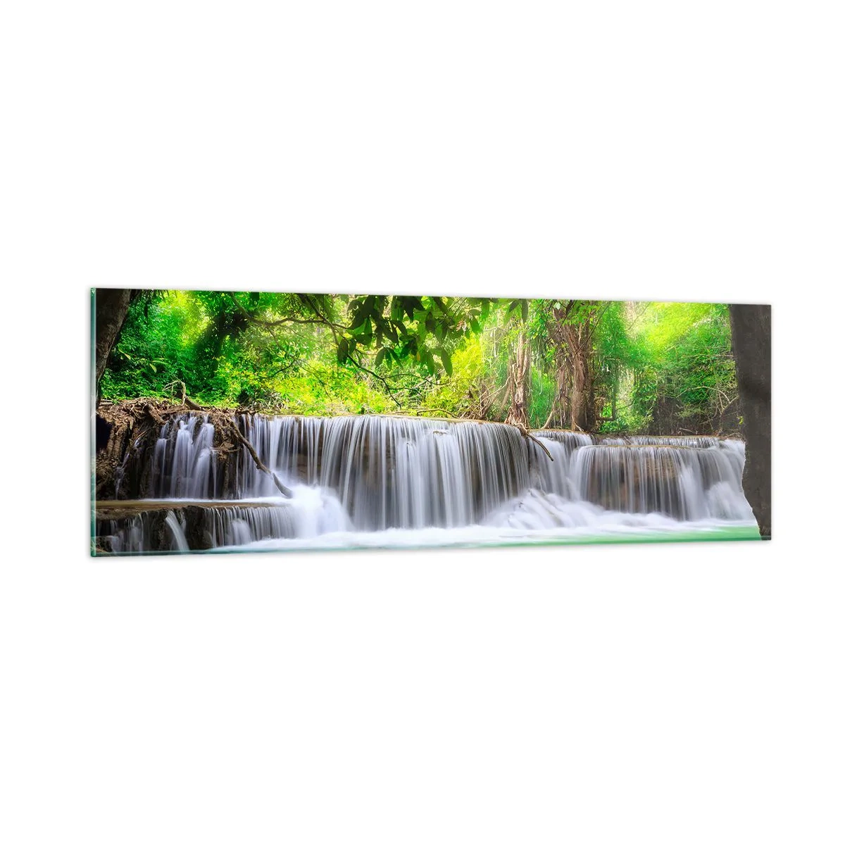 Obraz na skle - Vodopád v zeleni - 90x30 cm
