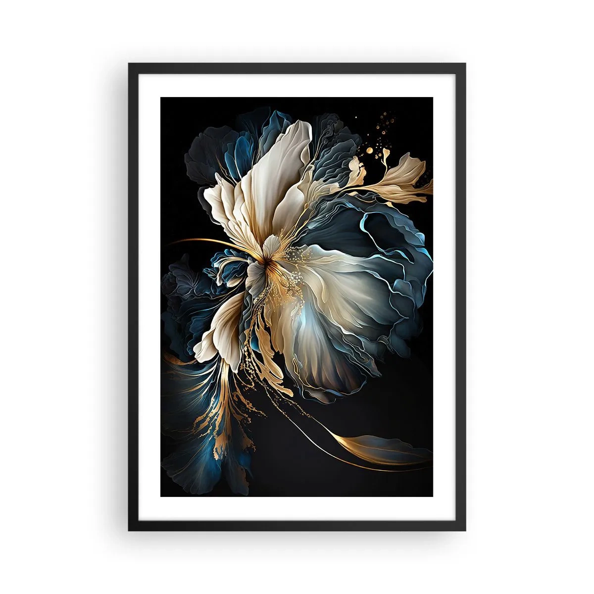 Plagát v čiernom ráme - Elegantný abstraktný kvetinový aranžmán v zlatej a tmavomodrej farbe. - 50x70cm - Rozprávkový kvet papradia - Moderná nástenná dekorácia do obývacej izby a spálne ARTTOR