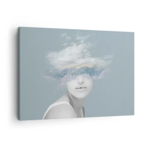 Obraz na plátne - Portrét ženy s tvárou skrytou za oblakmi a vlnami - 70x50cm - S hlavou v oblakoch - Moderná nástenná dekorácia do obývacej izby a spálne ARTTOR