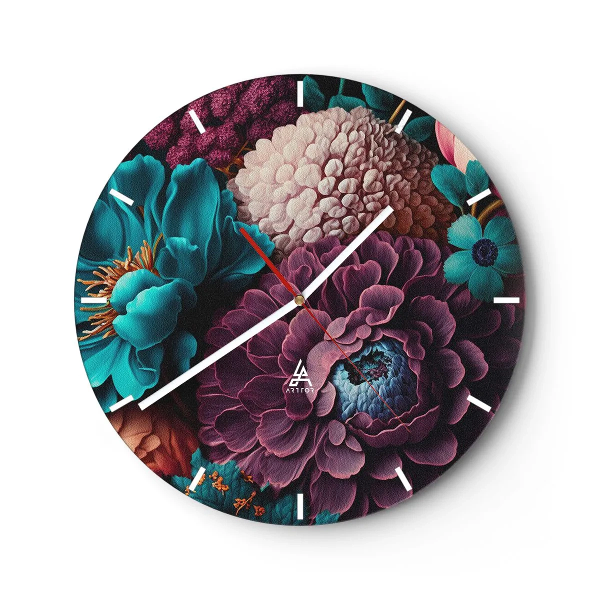 Nástenné hodiny - Bohatá kytica tmavých a tyrkysových kvetov s detailmi - 30x30cm - Úroda prírody - Moderná nástenná dekorácia do obývacej izby, kuchyne a spálne ARTTOR