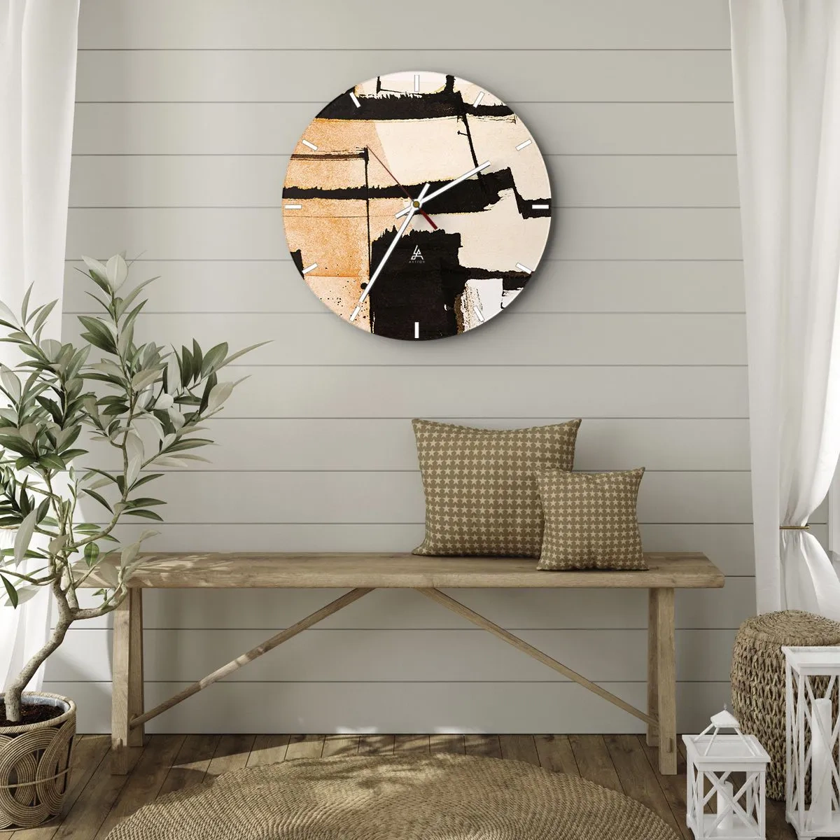 Nástenné hodiny - Abstraktná geometrická kompozícia v béžovej a čiernej farbe - 30x30cm - Avšak poriadok - Moderná nástenná dekorácia do obývacej izby, kuchyne a spálne ARTTOR