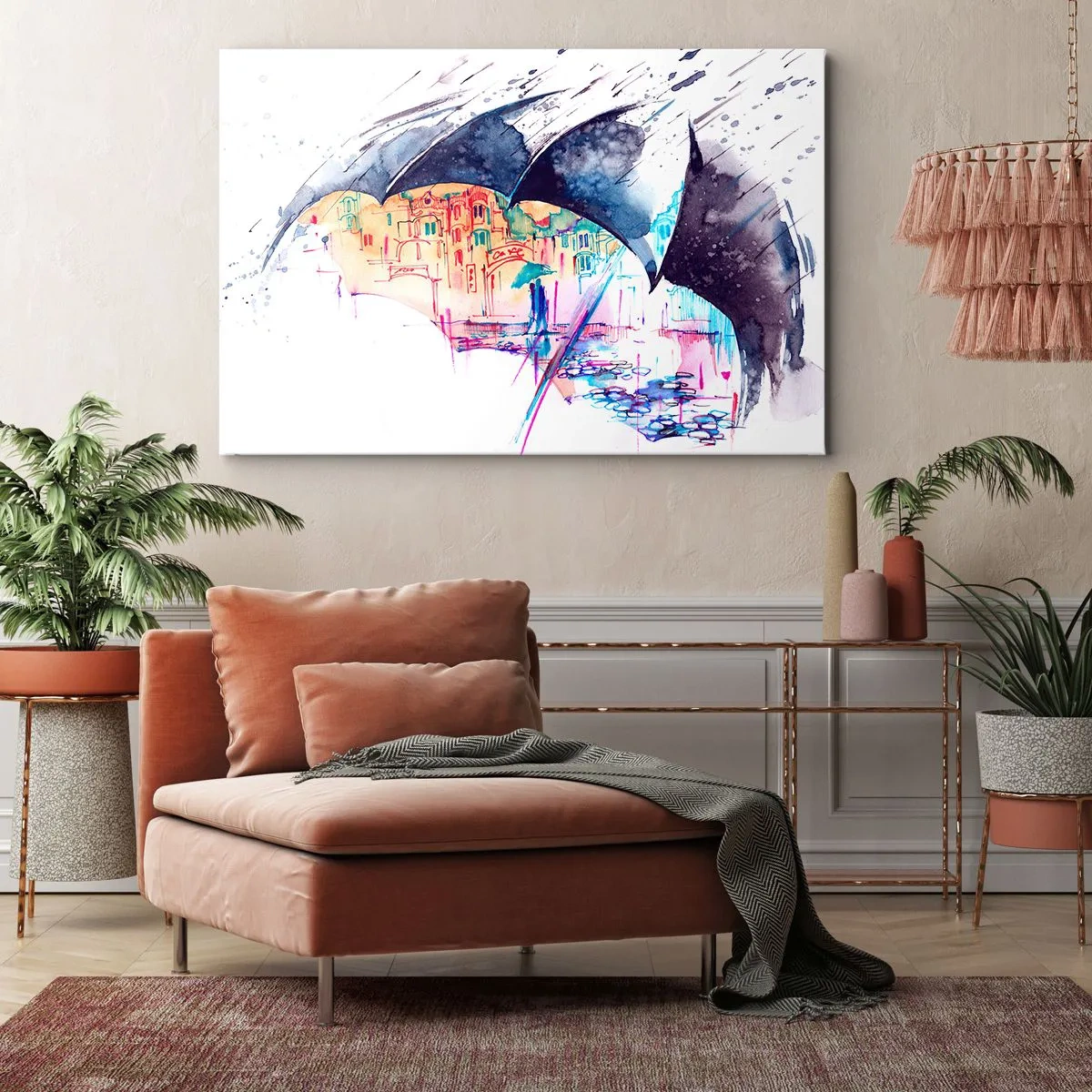 Obraz na plátne - Farebné mesto skryté pod abstraktnými dáždnikmi - 70x50cm - Prechádzka v daždi - Moderná nástenná dekorácia do obývacej izby a spálne ARTTOR