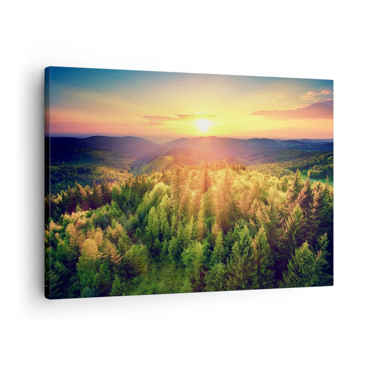 Obraz na plátne - Lesná krajina so západom slnka nad kopcami - 70x50cm - Vrcholky a vrcholy - Moderná nástenná dekorácia do obývacej izby a spálne ARTTOR