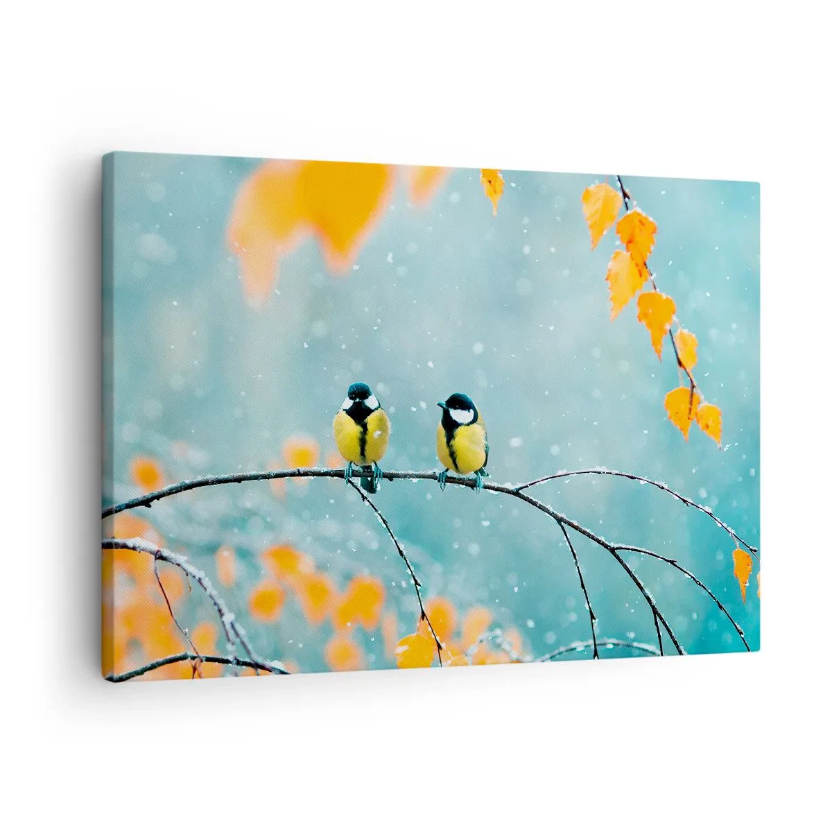 Obraz na plátne - Dva vtáky na konári v zimnom prostredí so žltými listami. - 70x50cm - Vtáčie klebety - Moderná nástenná dekorácia do obývacej izby a spálne ARTTOR